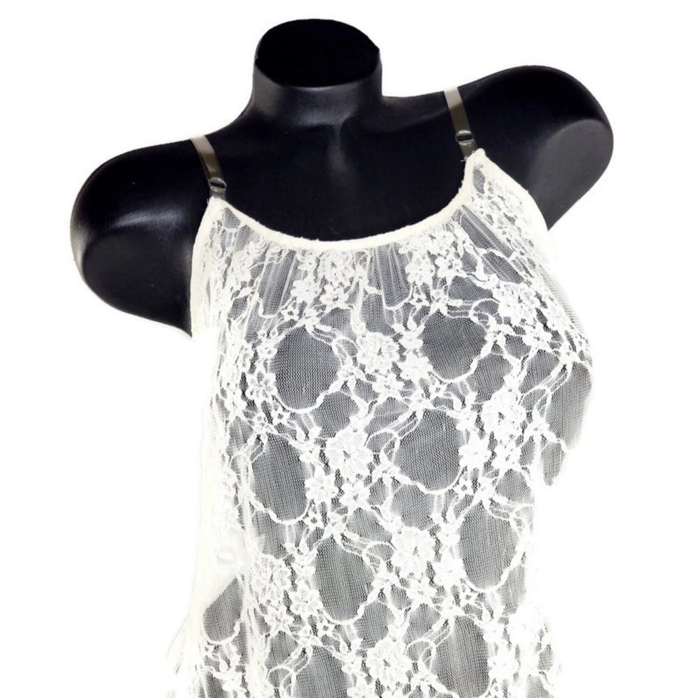 Cream Lace Tank Slip Dress with Lace Ruffles & Circle Trim Extender. - Picture 4 of 5